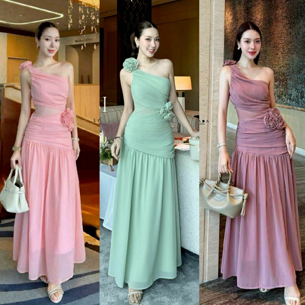 (XS-XL) LALADA พร้อมส่งเดรสไหล่เฉียงแต่งดอกไม้ที่ไหล่และเอวเนื้อผ้าชีฟองใส่ออกงานเรียบหรูดูดีr