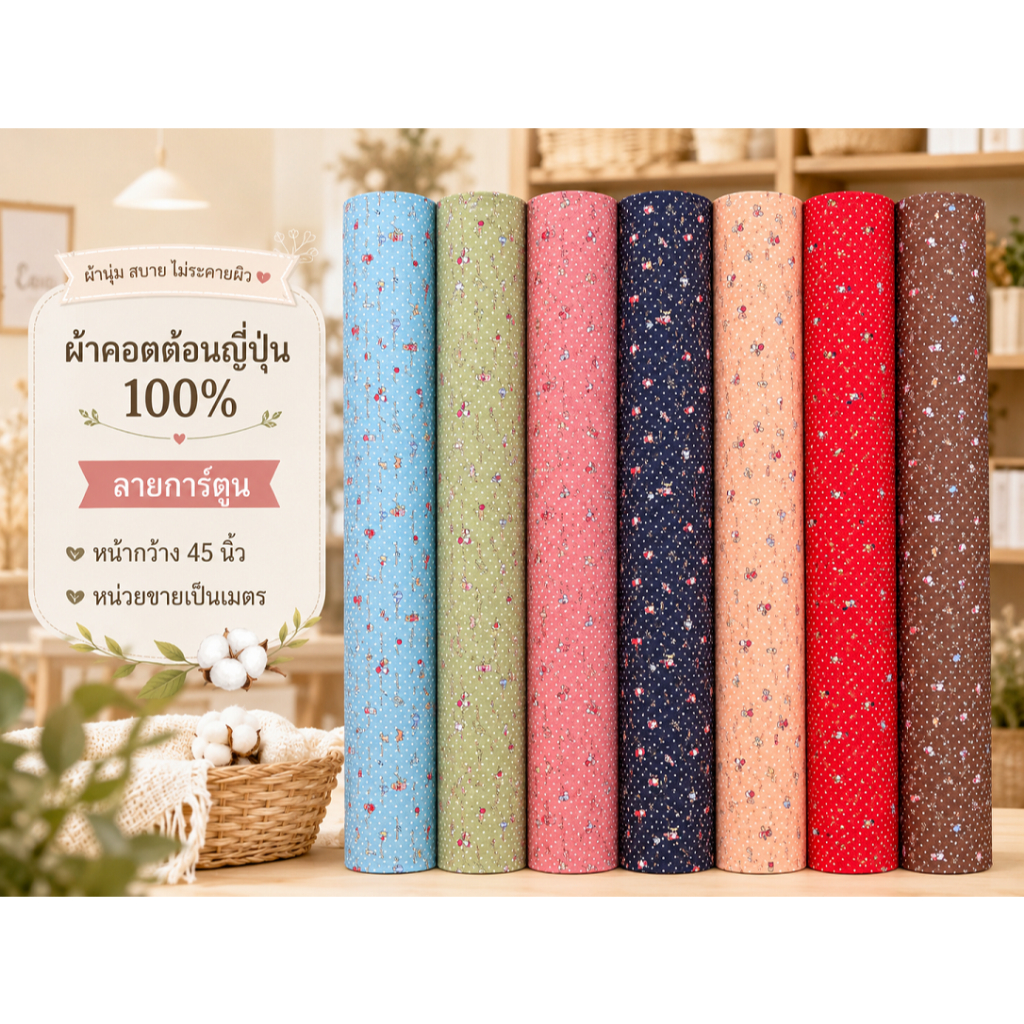 ผ้าเมตร ผ้าคอตต้อนญี่ปุ่น 100% ลายการ์ตูน ลายมินิมอล คอตต้อน หน้ากว้าง 45 นิ้ว หน่วยขายเป็นเมตร