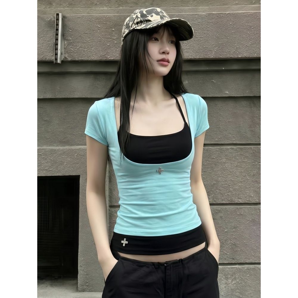 (S,L,XL พร้อมส่ง)เสื้อรัดรูป 2layer เสื้อสีมิ้นท์ เสื้อสีเทอร์ควอยซ์