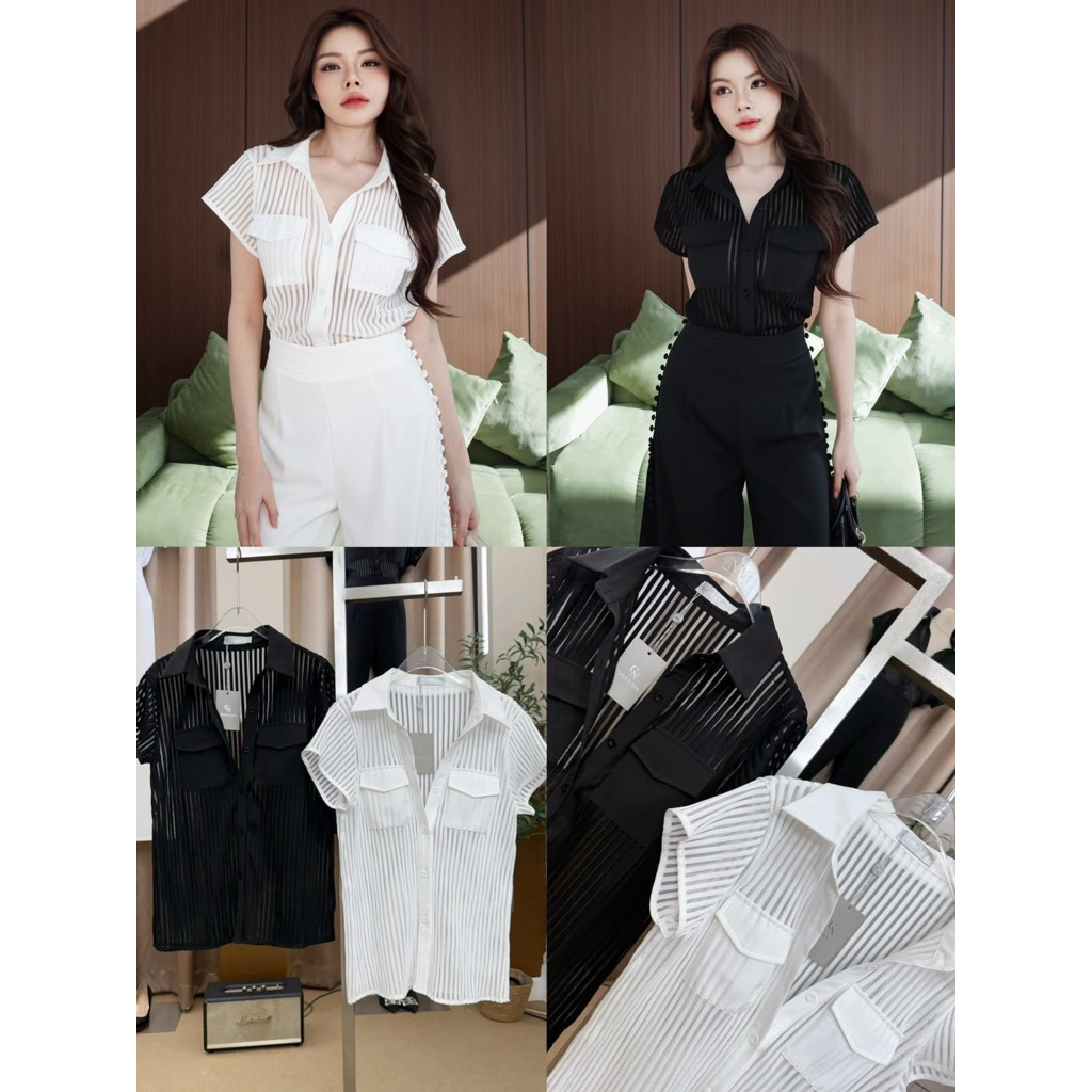FK : เสื้อเชิ้ต คอปก แขนยาว ลายริ้ว แบบ 3D ซีทรู แมทกับ ผ้าใบ กระโปรง กางเกง ส้นสูง ต้องมีน้า…🎠🎠