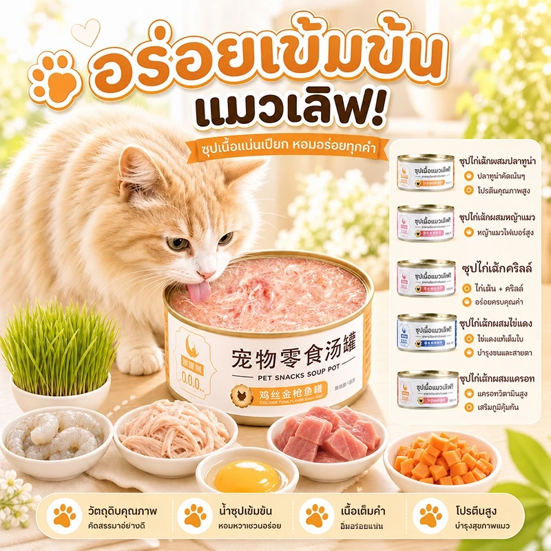 อาหารเปียกแมว ซุปไก่สับ ตุ๋น 8 ชม. 85g 8 รสชาติ เกรดพรีเมี่ยม วัตถุดิบ 95% ไม่มีเกรน