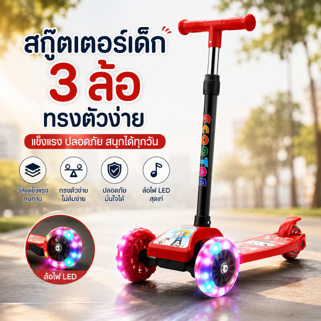 สกู๊ตเตอร์เด็ก 3 ล้อ ปรับความสูงได้ รุ่นธรรมดา / รุ่นล้อไฟ LED / รุ่นล้อใหญ่พิเศษ แข็งแรง ทรงตัวง่าย ล้อเงียบ ของเล่นเด็