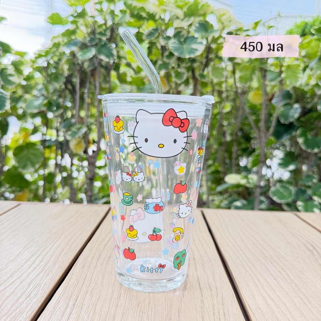 แก้วน้ำ (ฝา+หลอด) 450 มล วัสดุแก้ว ลายการ์ตูนน่ารัก สกรีนลาย คิตตี้ พร้อมส่ง