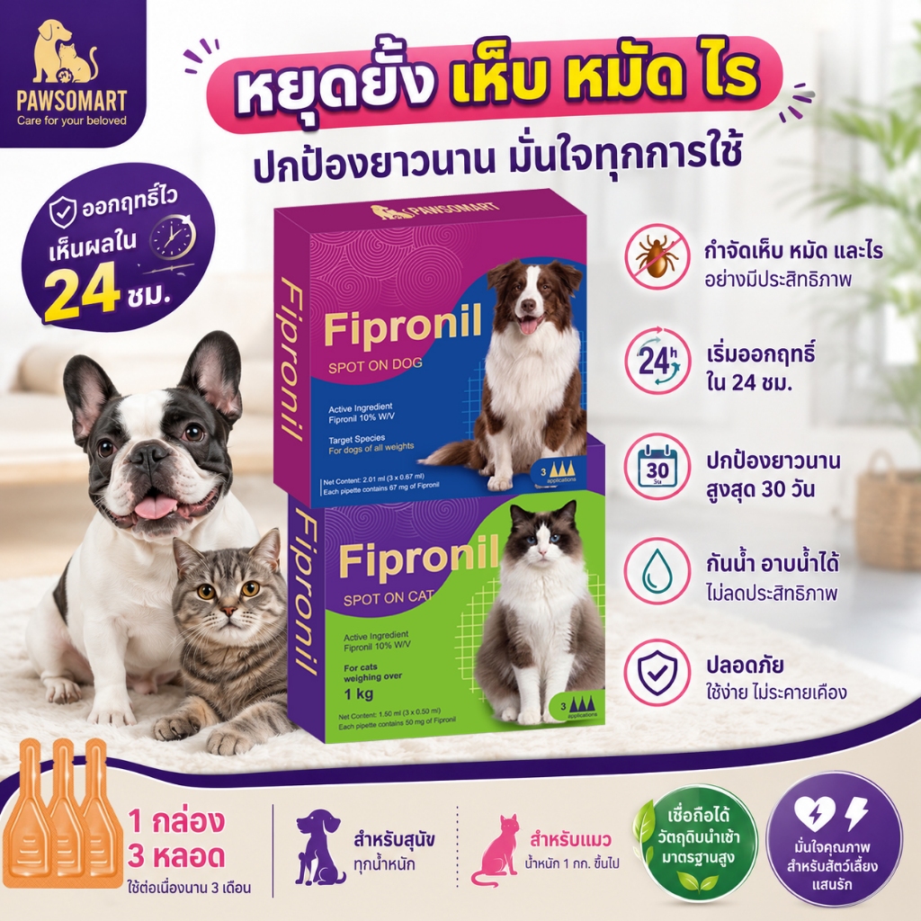 PAWSOMART ยาหยอดเห็บหมัด สำหรับสุนัขและแมว สูตรอ่อนโยน ปกป้องยาวนาน [1กล่องบรรจุ 3หลอด] ล็อตใหม่ / Exp.ยาว