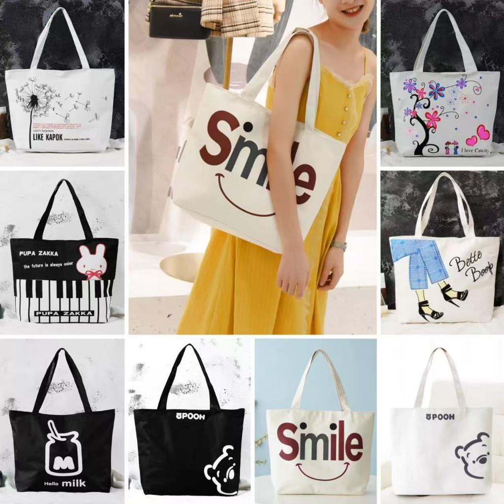 กระเป๋าผ้า TOTE สไตล์ญี่ปุ่นกระเป๋าผ้านิ่ม.เนื้อผ้าดี.ใส่ของได้เยอะมีซิปด้วย.