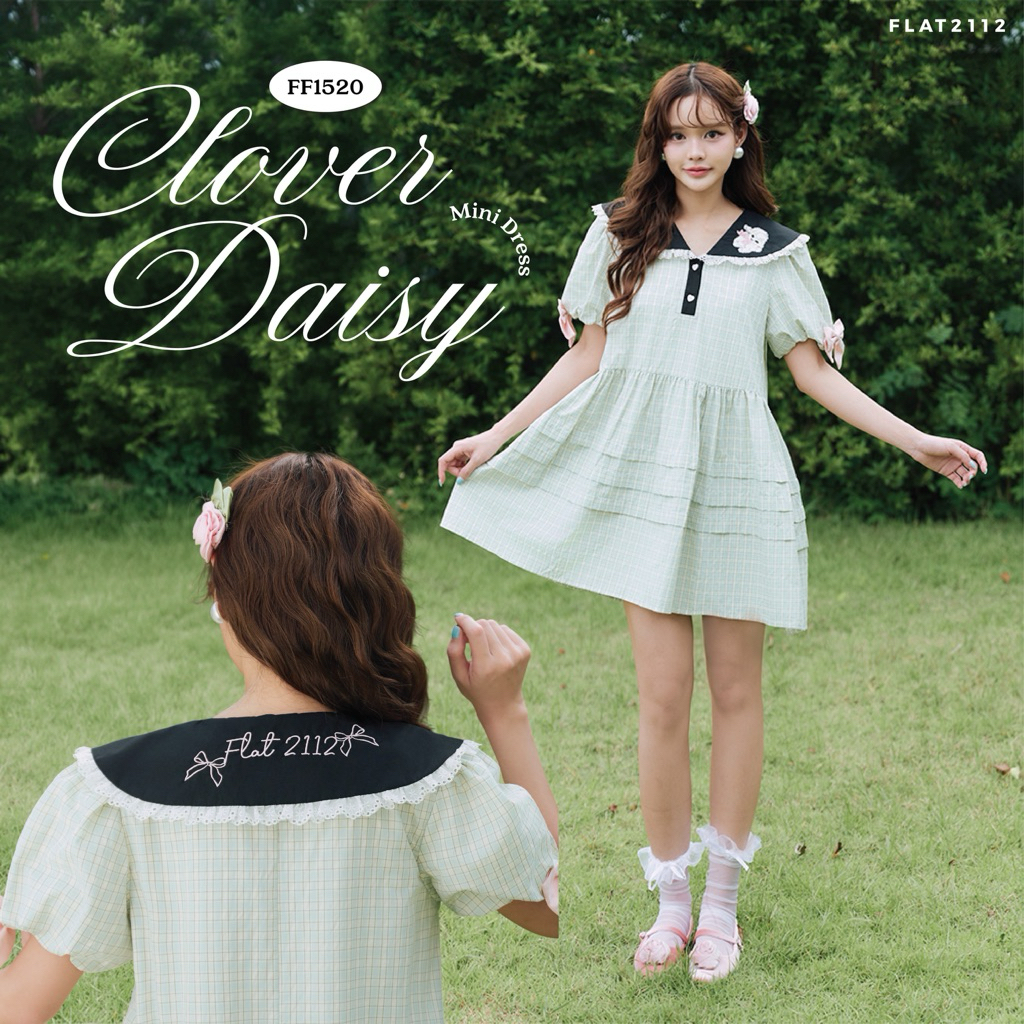 FLAT2112 : CLOVER DAISY MINI DRESS เดรสสั้นแขนสั้นสีเขียวพาสเทล เดรสลายตารางคอปกสีดำแต่งระบายลูกไม้ (FF1520)