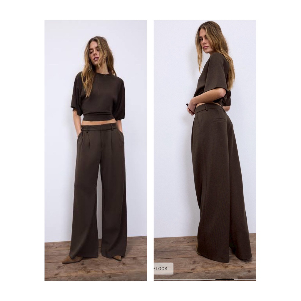 STR Supper soft wide leg pants กางเกงผ้าสีน้ำตาล เอวสูง ผ้านุ่มมาก ผ้ายืด งานแท้