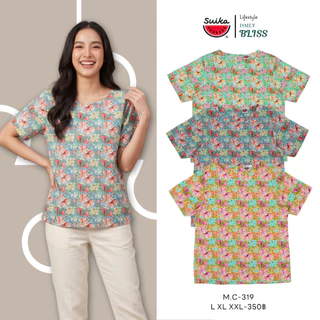 เสื้อแตงโม (SUIKA) - เสื้อผ้าป่านมัสลิน คอปาดกระดุมหลัง 3 เม็ด แขนสั้น ลายดอกไม้ (M.C-319 511 306 156)