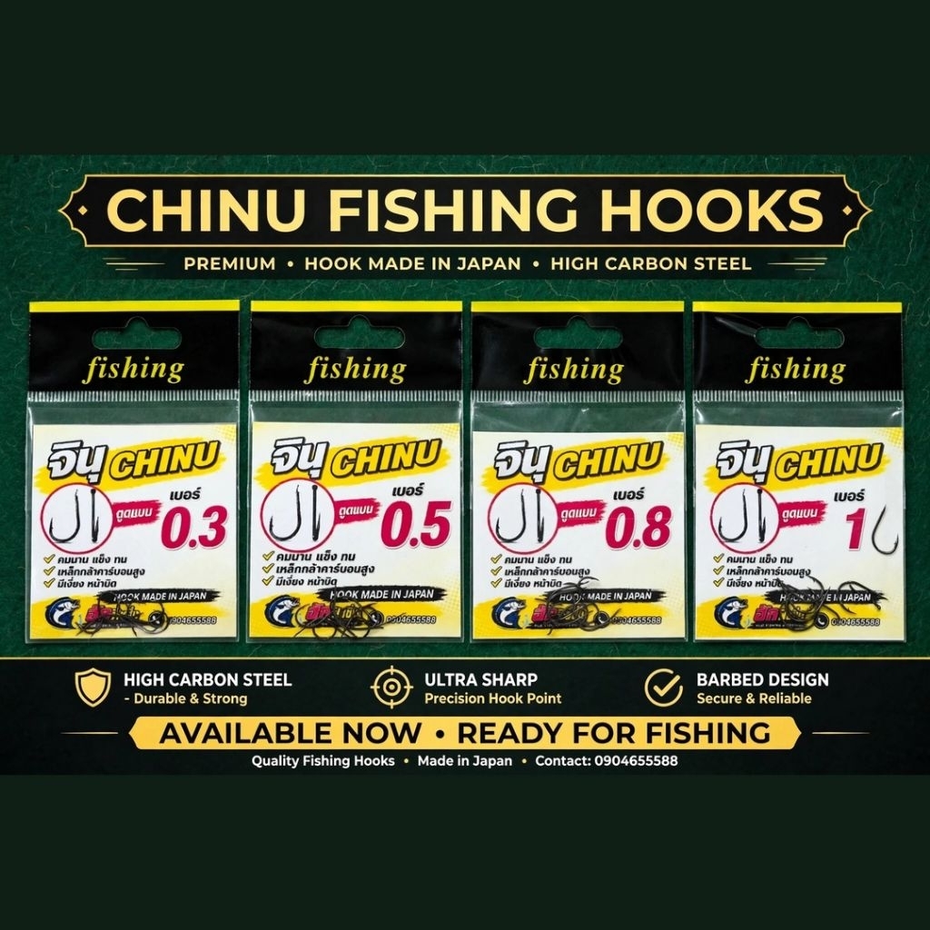เบ็ดตกปลา จินุซองเหลือง ตูดแบน คม แข็ง มีเงี่ยง หน้าบิด Hook made in japan