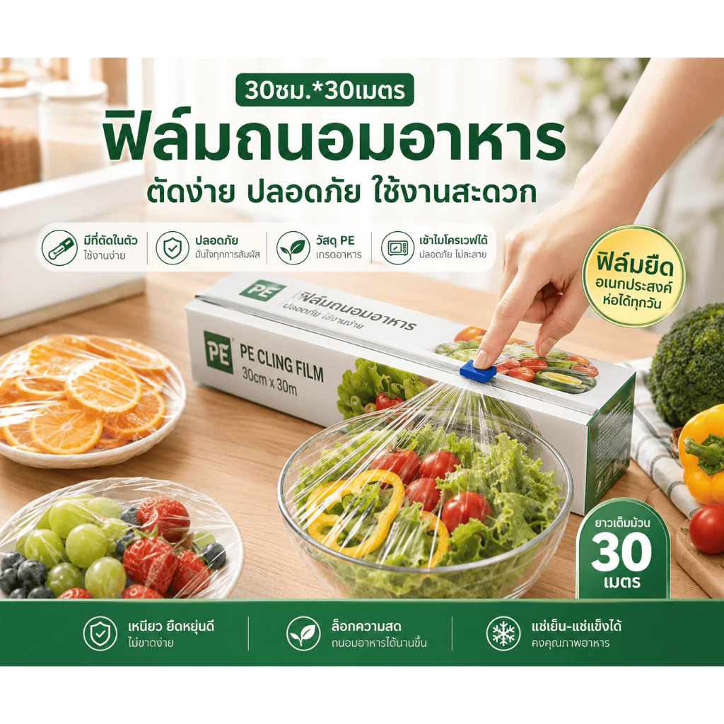 ฟิล์มถนอมอาหาร(30ซม.*30เมตร) มีที่ตัดในตัว ตัดง่าย ปลอดภัย วัสดุPE เกรดอาหาร เข้าไมโครเวฟได้ ฟิล์มยืดอเนกประสงค์