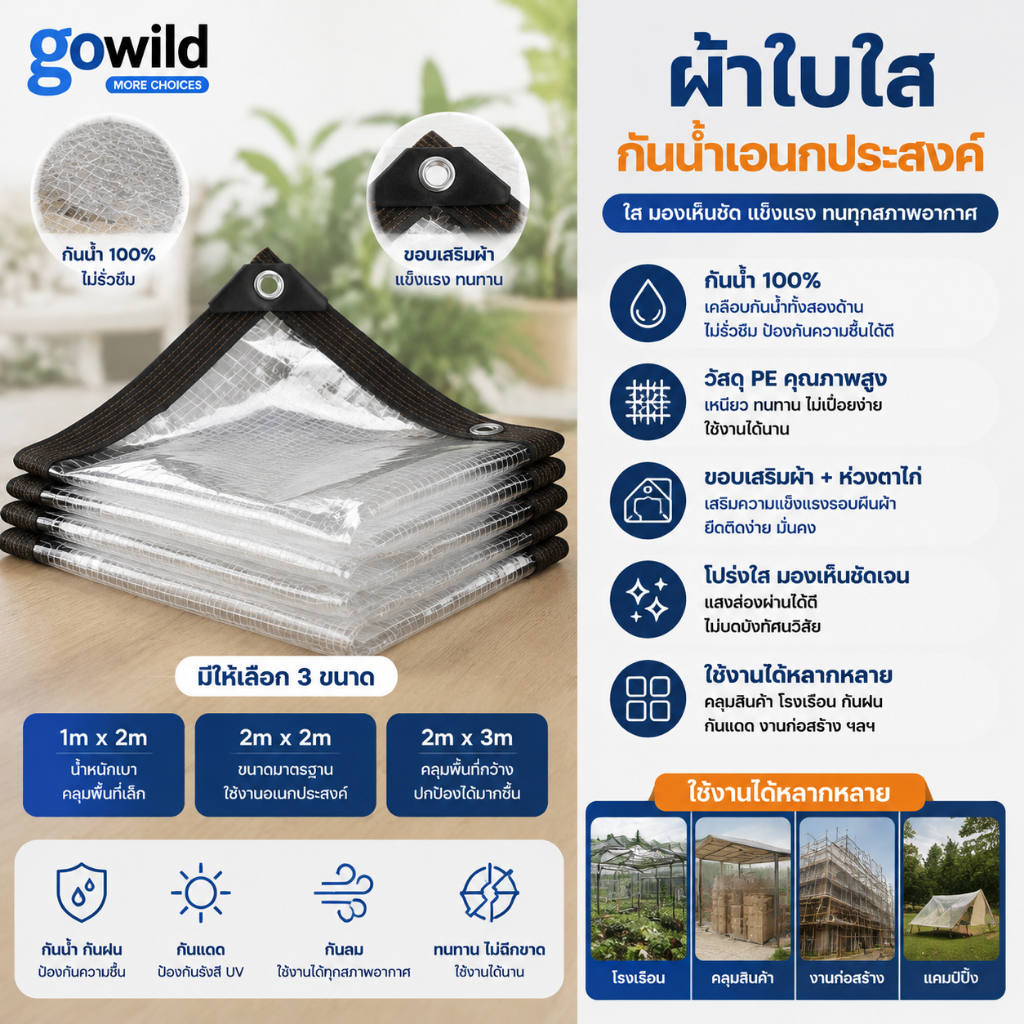 พลาสติกใส ผ้าใบใส ผ้าใบกันแดดกันฝน ผ้าใบกันแดดฝน กันน้ำกันฝน100% ผ้าใบกันเเดดกันฝน ผ้าพลาสติกใส กันลม มีให้เลือก 3 ขน