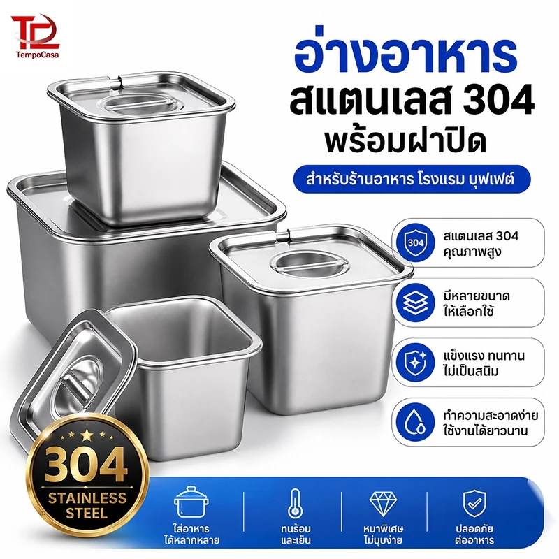 โถเครื่องปรุงสแตนเลส ฝาปิดแบบมีช่อง กล่องอาหารสแตนเลส ทรงสี่เหลี่ยม สำหรับใส่เครื่องปรุงรส(มีให้เลือก5ขนาด)