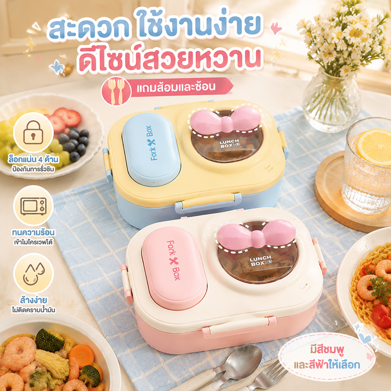 กล่องข้าว ทำความสะอาดง่าย กล่องข้าวเด็ก พกพาสะดวกและน่ารัก เบนโตะแบบพกพา ฉนวนกันความร้อน สามารถอุ่นในไมโครเวฟได้