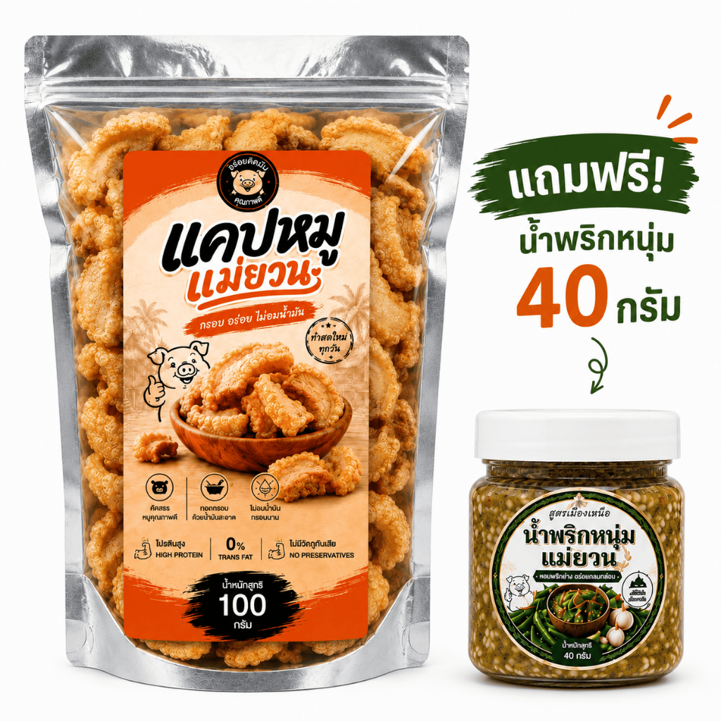 แคบหมูติดมันแม่ยวน 100 กรัม พร้อมทาน แถมฟรีน้ำพริกหนุ่ม 40 กรัม กรอบ อร่อย ไม่อมน้ำมัน สูตรเมืองเหนือ