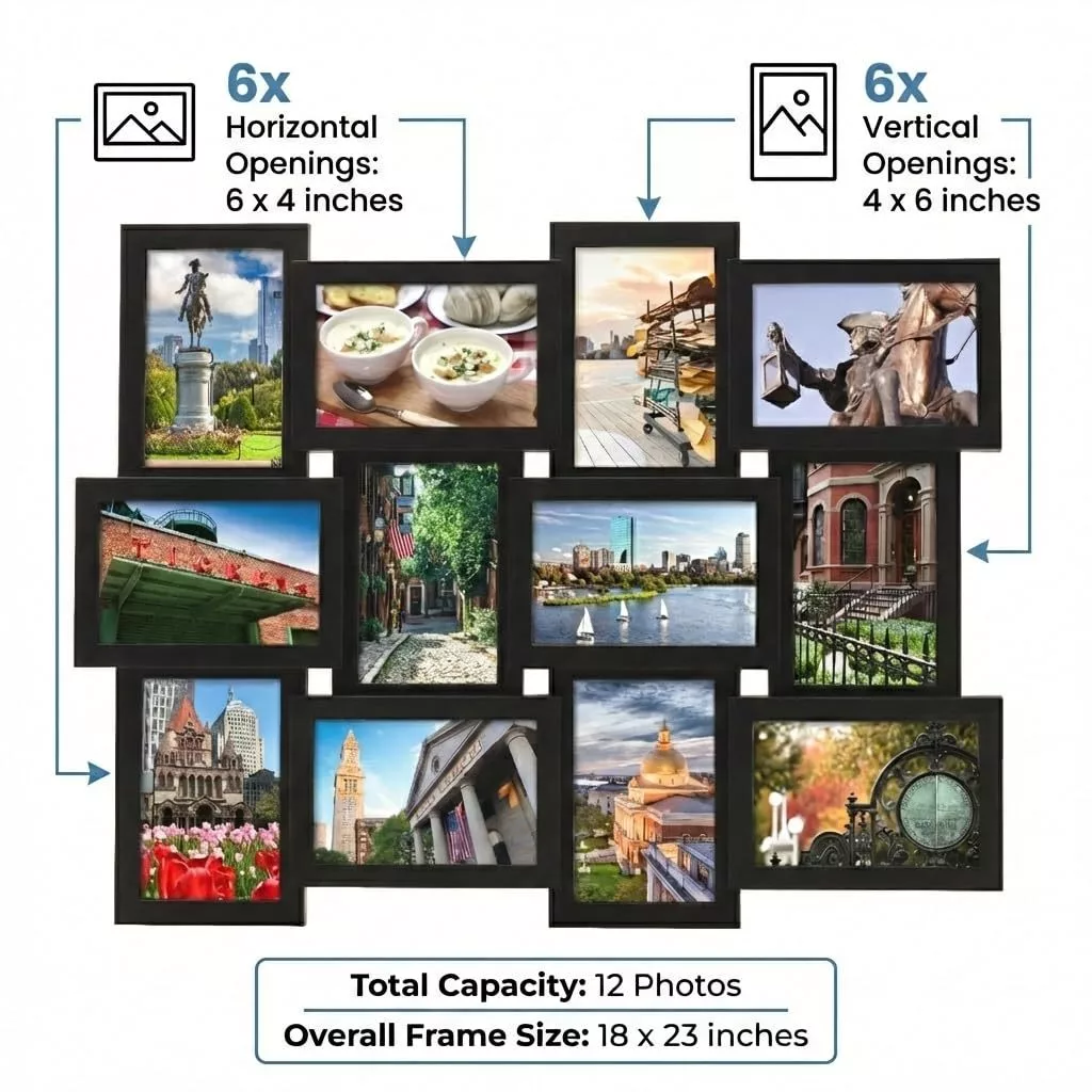 กรอบรูป กรอบรูปติดผนัง กรอบรูปคอลลาจ 12ช่อง 4x6นิ้ว สีดำ/ขาว ติดตั้งง่าย ตกแต่งบ้าน ห้องนอน ของขวัญครอบครัว COD ใหม่ล่าส