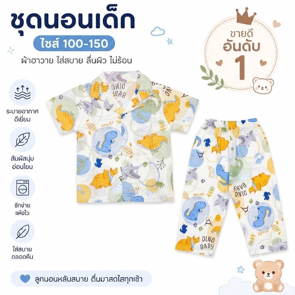 Babi Buy ชุดนอนเด็ก คอปกแขนสั้นขา 5 ส่วน ชุดนอนเด็กชาย เด็กหญิง ผ้าฮาวาย มีกระดุมหน้า ลายน่ารัก ไซส์ 100-120