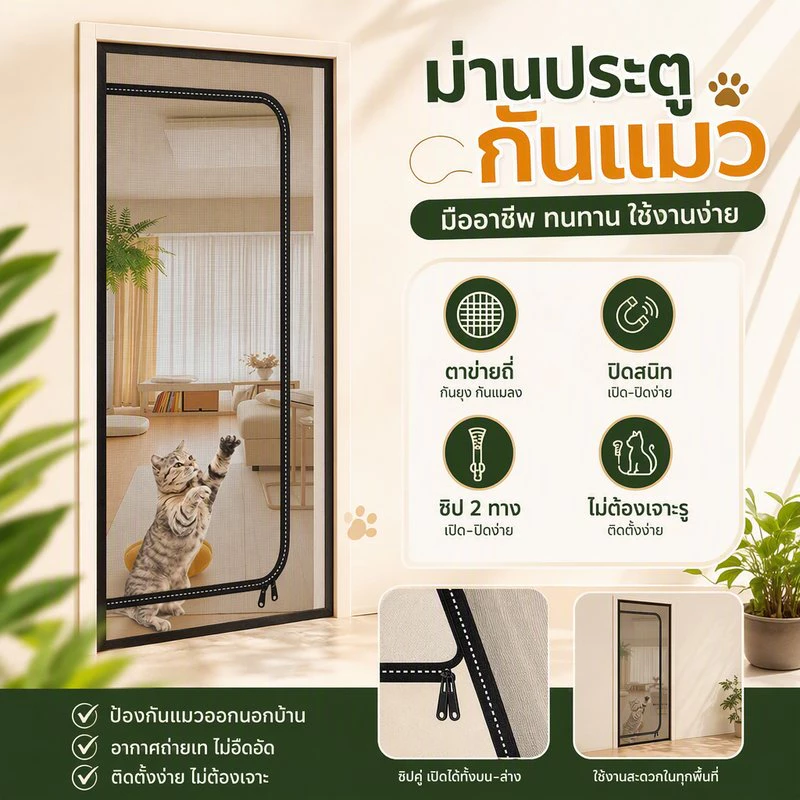 ม่านประตูแม่เหล็ก กันแมว กันยุง มุ้งลวดซิป ตาข่ายทนทาน ไม่ต้องเจาะ ประตูบ้าน ระเบียง