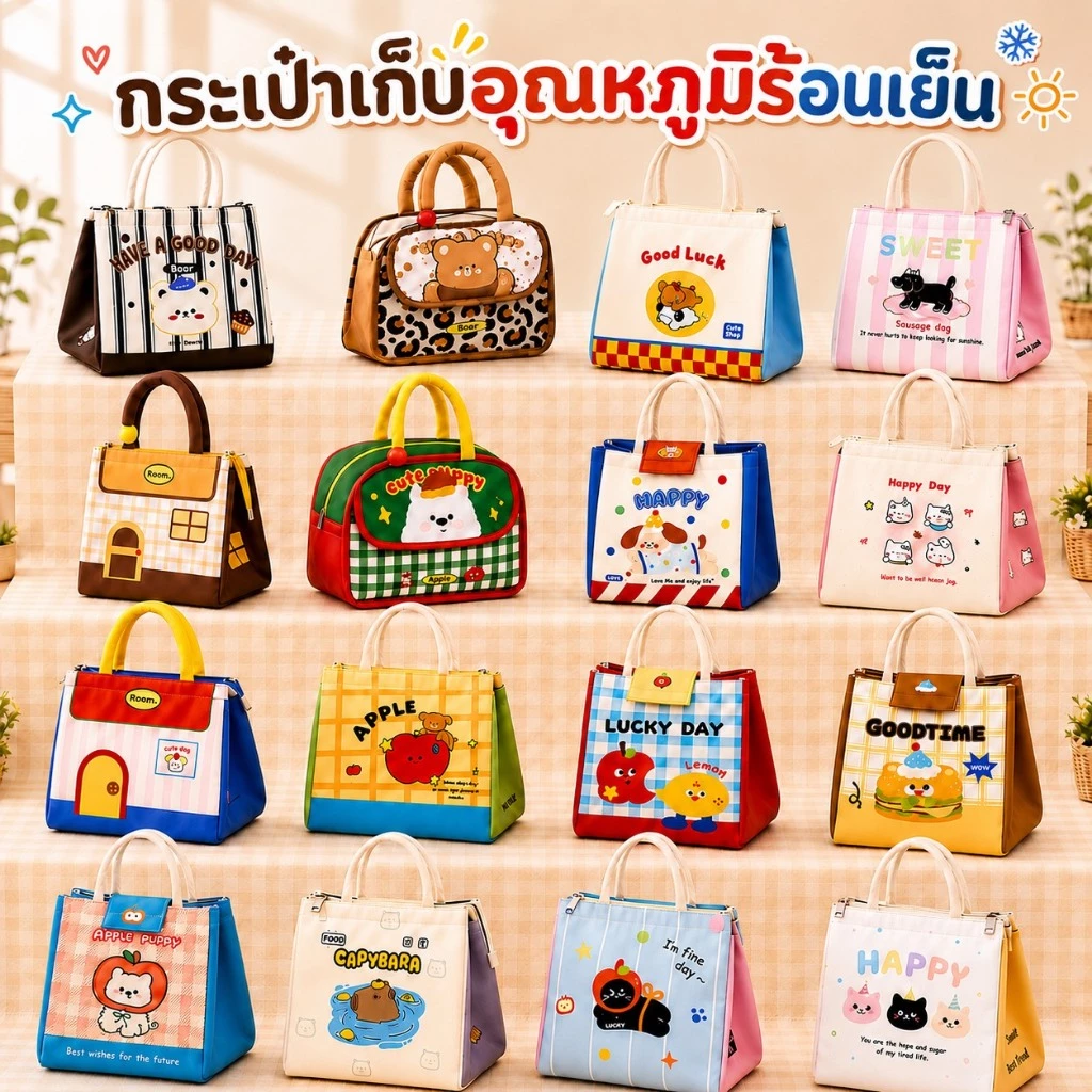 กระเป๋าเก็บอุณหภูมิ กระเป๋าอาหารกลางวัน กระเป๋าใส่กล่องข้าว ลายน่ารัก เก็บความร้อน/เย็น ผ้าออกซ์ฟอร์ด กันน้ํา (B-006)