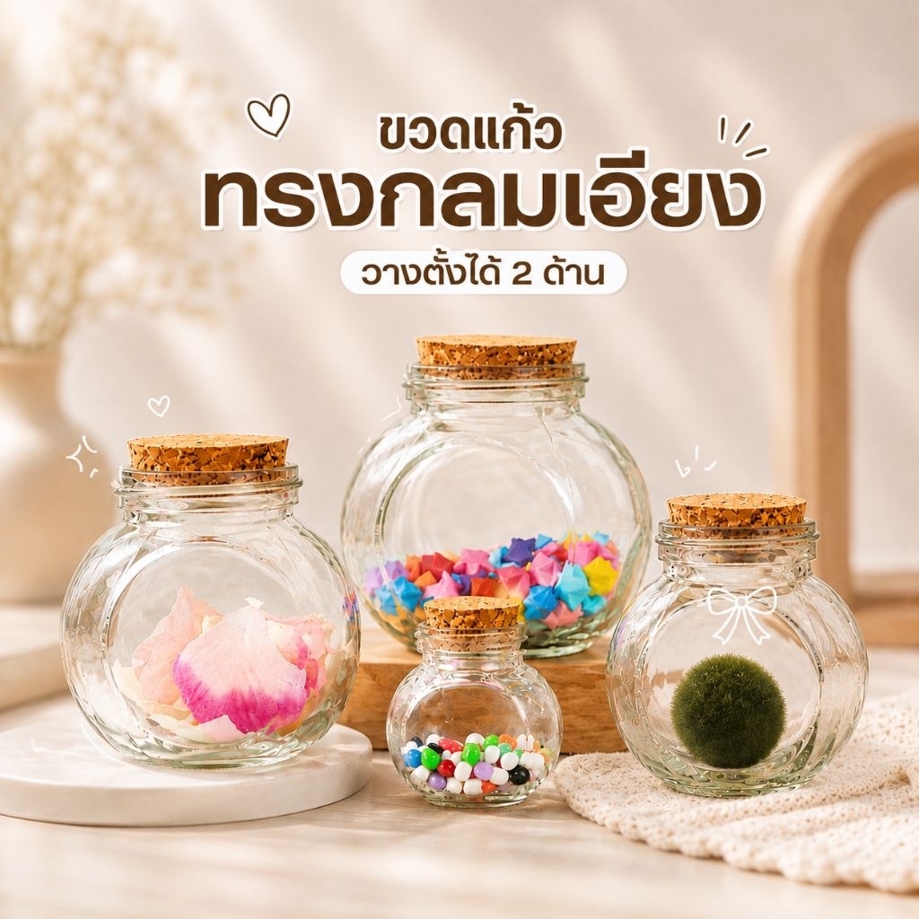 ขวดแก้วทรงกลมเอียง ขวดโหลทรงกลมเอียง ตั้งได้2ด้าน