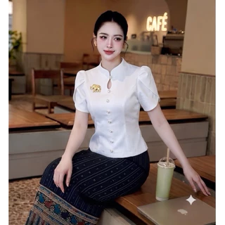 เสื้อไหมลาว เนื้อผ้าฝ้าย ฝ้ายสีฟ้า วันแม่สไตล์สาวเหนือ สินค้าพร้อมส่ง(✅ได้แต่เสื้อ)