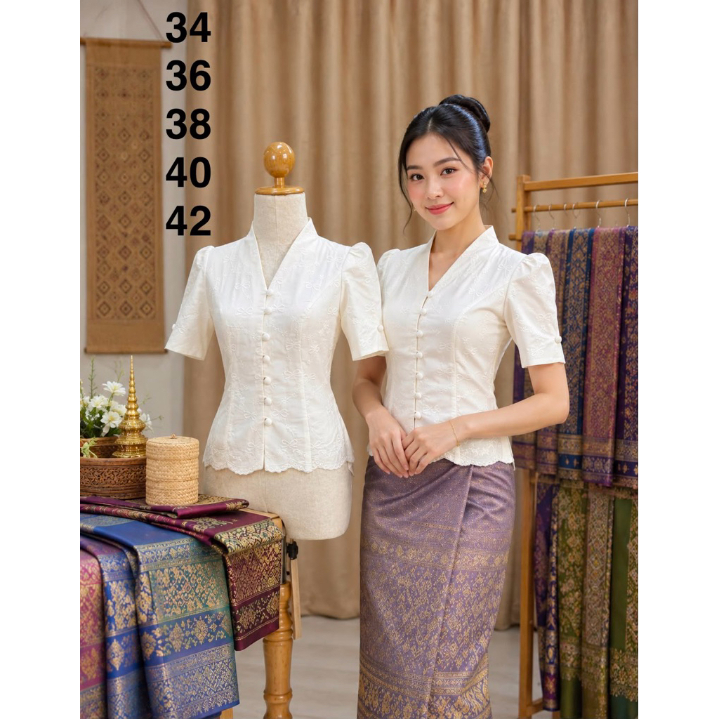 เสื้อไหมลาว เนื้อผ้าฝ้ายเกรดดี ใส่ไปทำบุญ พร้อมส่ง