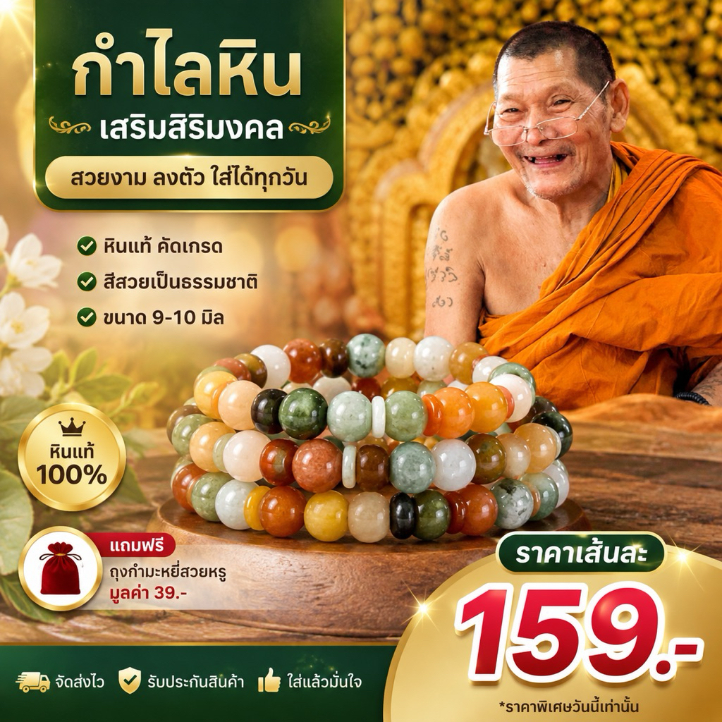 กำไลหินหยกหลวงปู่ศิลา (แถมฟรี ธูป2 + รูปหลวงปู่ ) แท้รับตรงจากวัด คละสีหินหยก