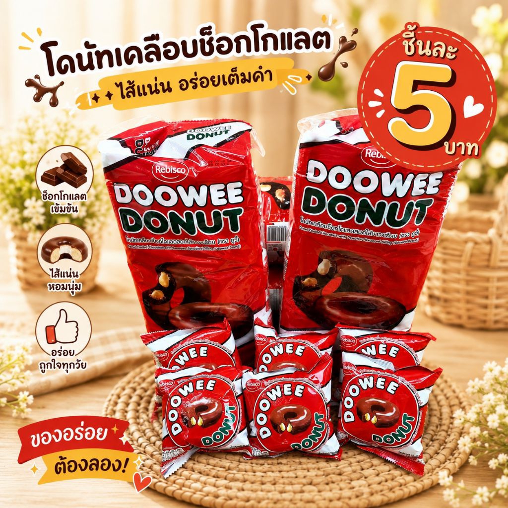 (ขั้นต่ำ 6 ชิ้น) โดนัทดูวี่ เคลือบช็อกโกแลต สอดไส้บาวาเรียน ขนมขายดี ถูกใจคนรักช็อกโกแลต