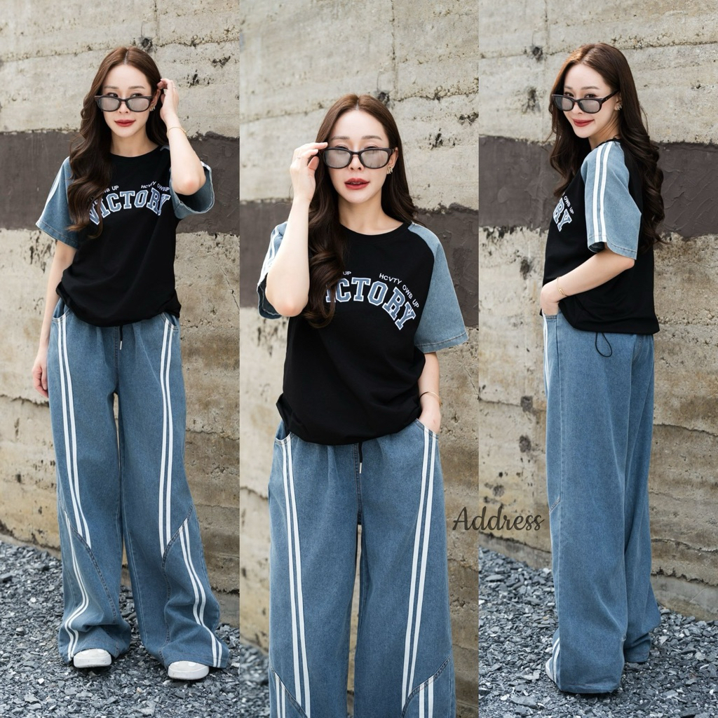 🌈🌿🌺🌸🌼💙🤍🖤🇰🇷 Cotton Screen Victory Patch Jeans Rim Stripe Top&Jeans Rim Stripe Long Pant Set