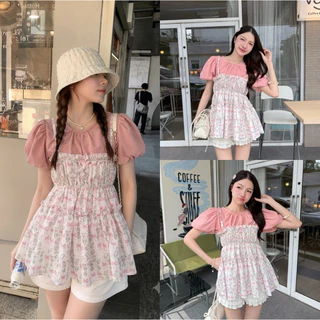 (อก 30-42) เสื้อเอี๊ยมทูโทนเป็นชิ้นติดกัน แขนพองบอลลูนน่ารัก สาวอวบใส่ได้อกถึง 42 นิ้ว
