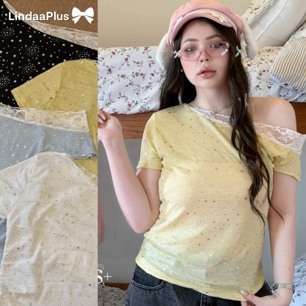 LindaaPlus-- เสื้อ “𝒘𝒊𝒏𝒌 ” แขนสั้นปาดไหล่ ⋆.˚เนื้อผ้าสลาฟปริ๊นลายดาว(แบบปั้มนูน)ดีเทลแต่งลูกไม้ที่ไหล่ ใส่สบาย แมทง่าย