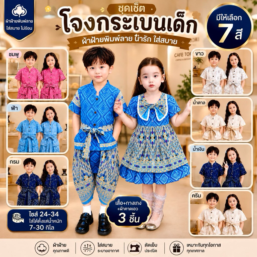 ชุดโจงกระเบนเด็ก/ชุดเดรส (เสื้อ+กางเกง+ผ้าคาดเอว) 3ชิ้น ลายช้าง/ลายไทย