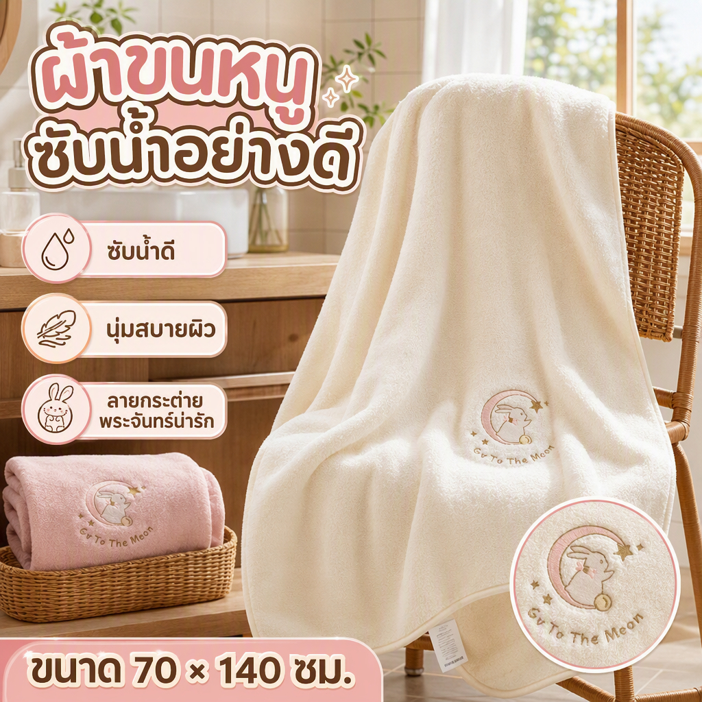 ผ้าเช็ดตัวอาบน้ำลายกระต่ายพระจันทร์ 70x140 ซม. ผ้าสักหลาด นุ่มพิเศษ ดูดซับน้ำได้ดี ไม่หลุดร่วง ใช้ในบ้าน ใส่เป็นของขวัญ