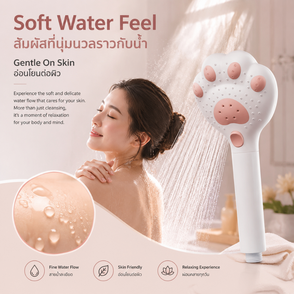 หัวฝักบัวมือถือรูปอุ้งเท้าแมวน่ารัก – ดีไซน์พิเศษ 3 โหมดน้ำ, เพิ่มความแรงของสายน้ำ, ฟองน้ำละเอียด, หัวฉีดซิลิโคนป้องกันก