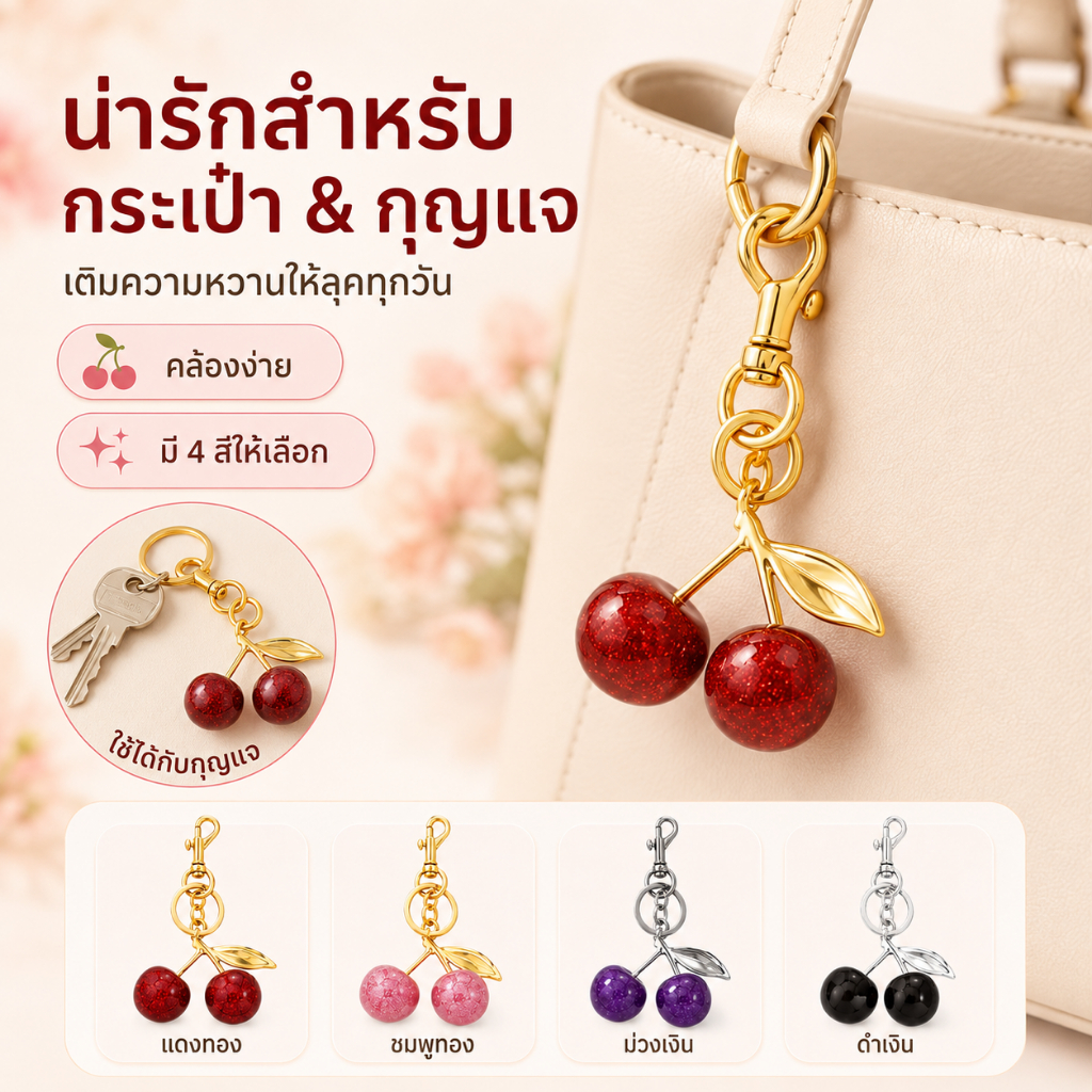 พวงกุญแจเชอร์รี่สีแดง ออกแบบน่ารัก วัสดุคุณภาพสูง