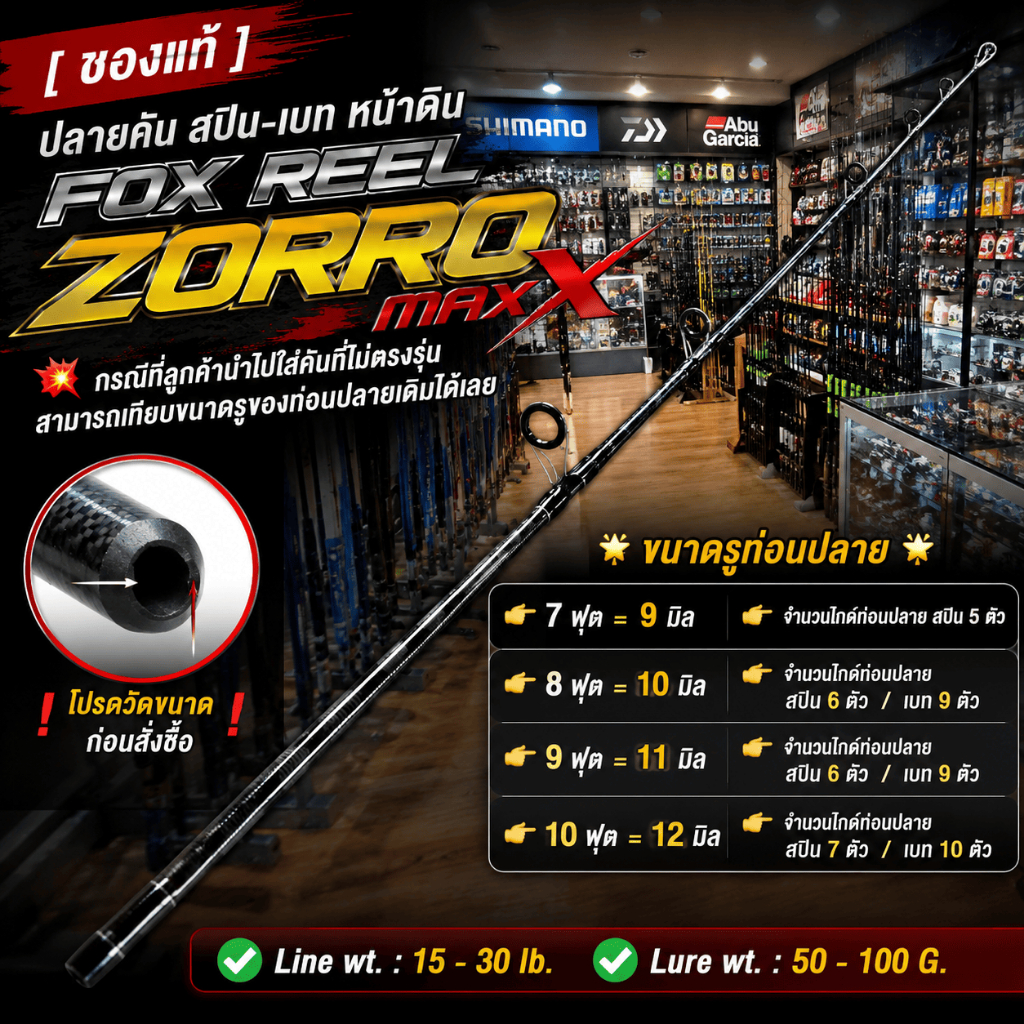 [ รับตรงจากบริษัท ] ปลายคันหน้าดิน FOX REEL ZORRO MAX X | ปลายคันสปิน/เบท 7 8 9 10 ฟุต อะไหล่ปลายคัน Line 15-30lb