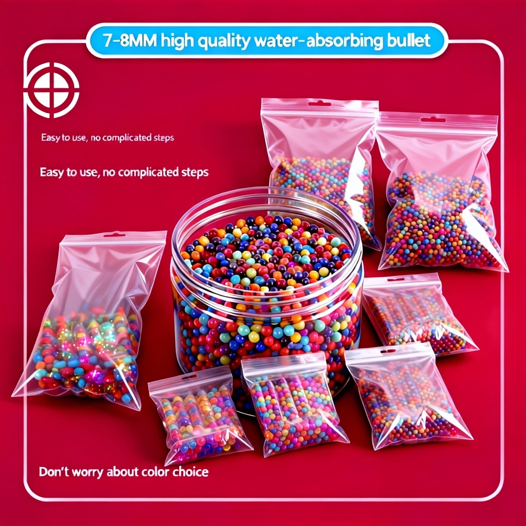 ลูกปืนเม็ดเจลสีหลายสี 7-8mm10000pcs อ่อนนุ่มปลอดภัย แช่น้ำพองตัว ของเล่นกลางแจ้งสำหรับเด็ก