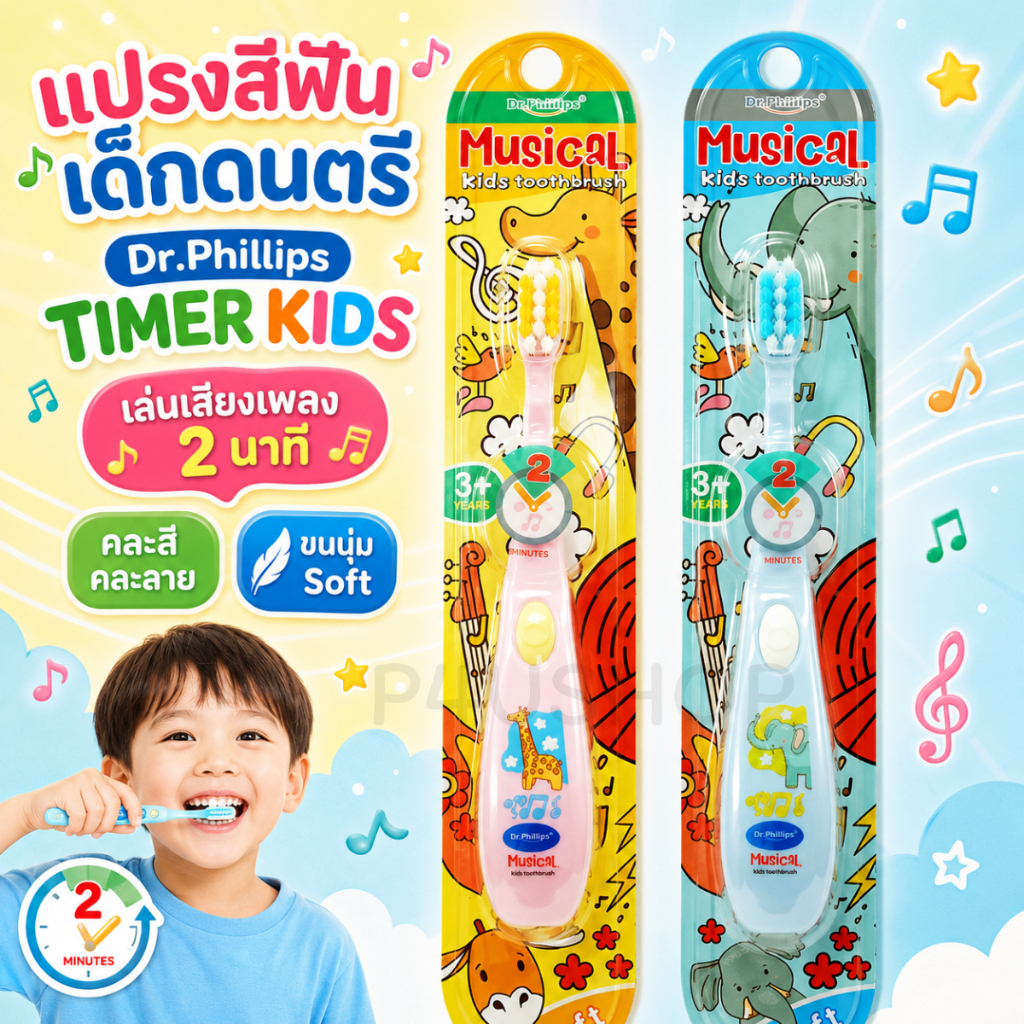 แปรงสีฟันเด็กดนตรี คละลาย Dr.Phillips TIMER KIDS จับเวลาเล่นเสียงเพลง 2 นาที  แปรงสีฟันเด็ก #6004