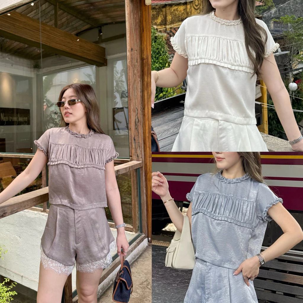 Chambre Top (limited) *รอ 7-10 วัน* แขนสั้นคอกลมแต่งระบาย จับจีบช่วงอก ผ้าซาตินกำมะหยี่