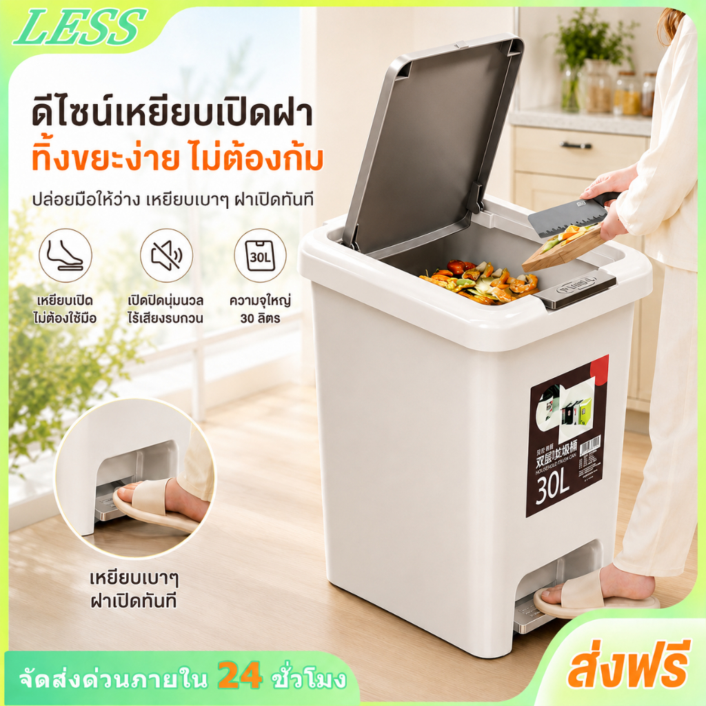 LESS ถังขยะฝาเปิดแบบเหยียบ ถังขยะมีฝาปิด เปิดได้ 2 แบบ มือกด/เท้าเหยียบ วัสดุ PP ขนาด 8L 10L 20L