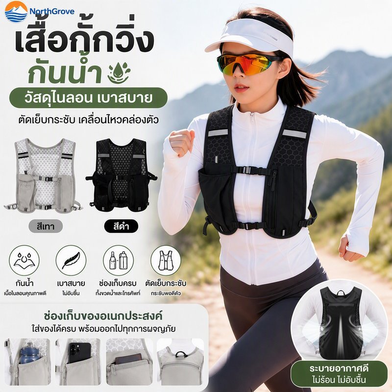 เสื้อกั๊กวิ่ง กันน้ำ วัสดุไนลอน เบาสบาย มีช่องเก็บขวดน้ำและโทรศัพท์ ตัดเย็บกระชับ