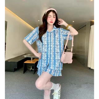 EM.HINT Hawaii set pleat ชุดเซต เสื้อฮาวาย พลีท free size อก44“