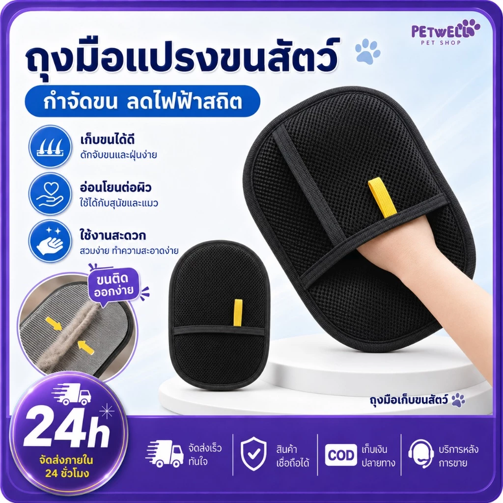 PETWELL ถุงมือแปรงขนสัตว์เลี้ยง ถุงมือกำจัดขนแมวสุนัข เก็บขนหลุดร่วง ลดไฟฟ้าสถิต นวดผิว ใช้งานง่าย