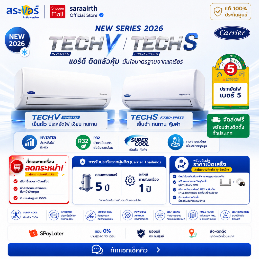 [เงินคืน 500 บาท] CARRIER แอร์ติดผนังรุ่นใหม่ล่าสุดปี 2026 Tech-V (Inverter) / Tech-S (ระบบธรรมดา) ป