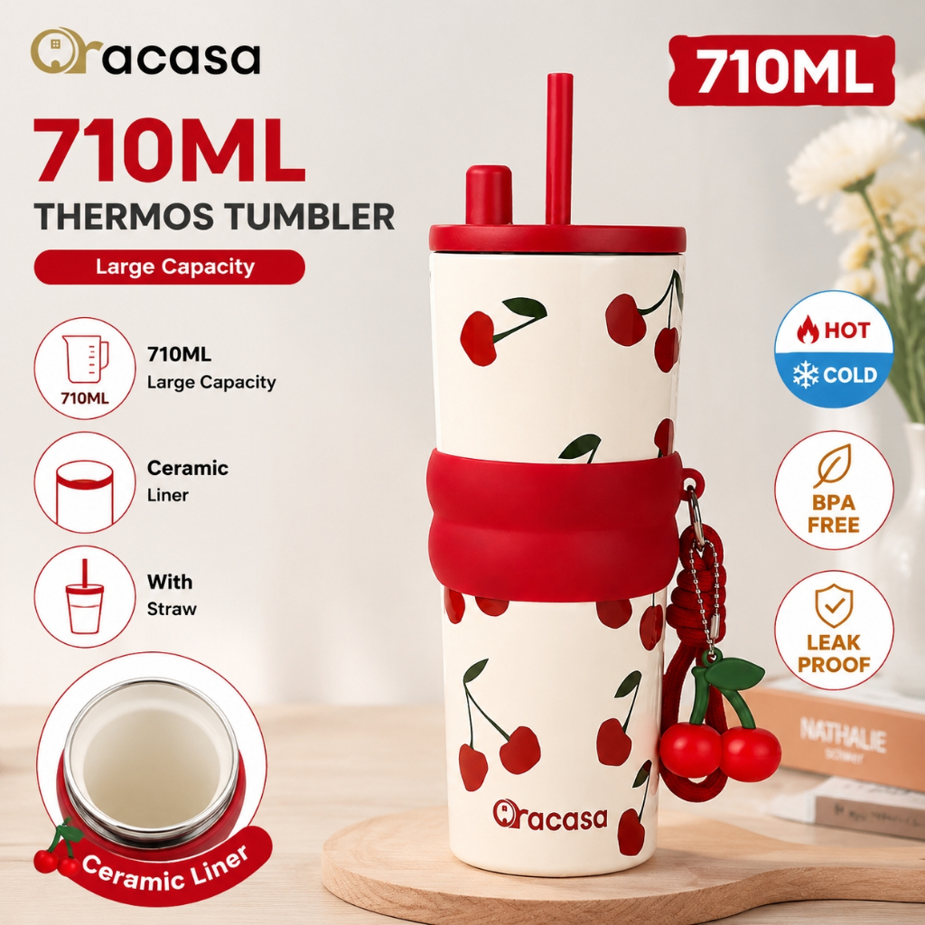 Oracasa 710ml แก้วเคลือบเซรามิกเก็บความเย็น พกพาสะดวก มีหลอดดูด แก้วสำหรับใช้ในรถยนต์ แก้วกาแฟ แก้วใส่น้ำแข็ง ความจุ