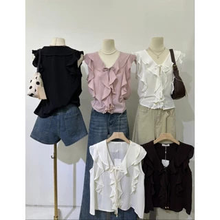 M2129 เสื้อแขนระบายแต่งระบายหน้า ดีเทลผูกโบว์สุดคิ้วท์