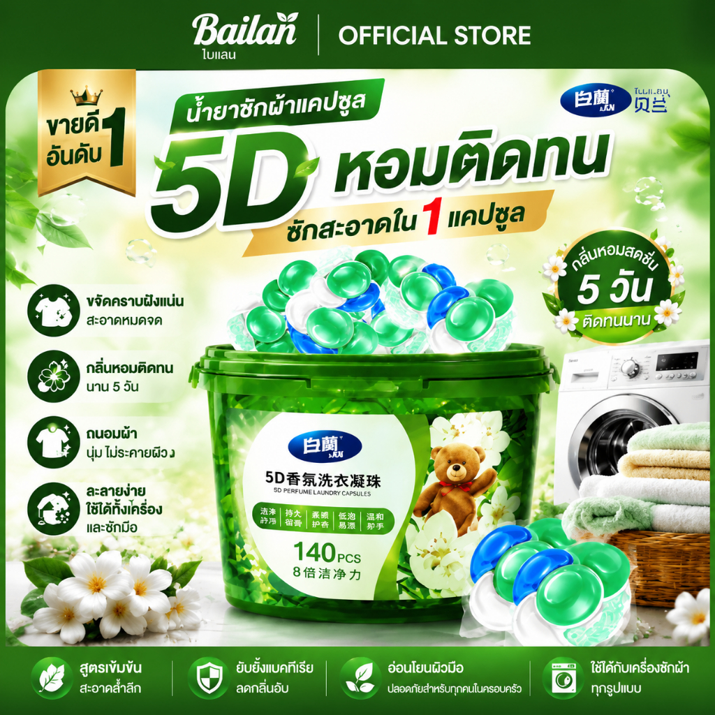 น้ำยาซักผ้าแบบแคปซูล Bailan 5D หอมติดทนนาน 5 วัน ซักสะอาด ลดกลิ่นอับ ละลายง่าย 140 แคปซูล