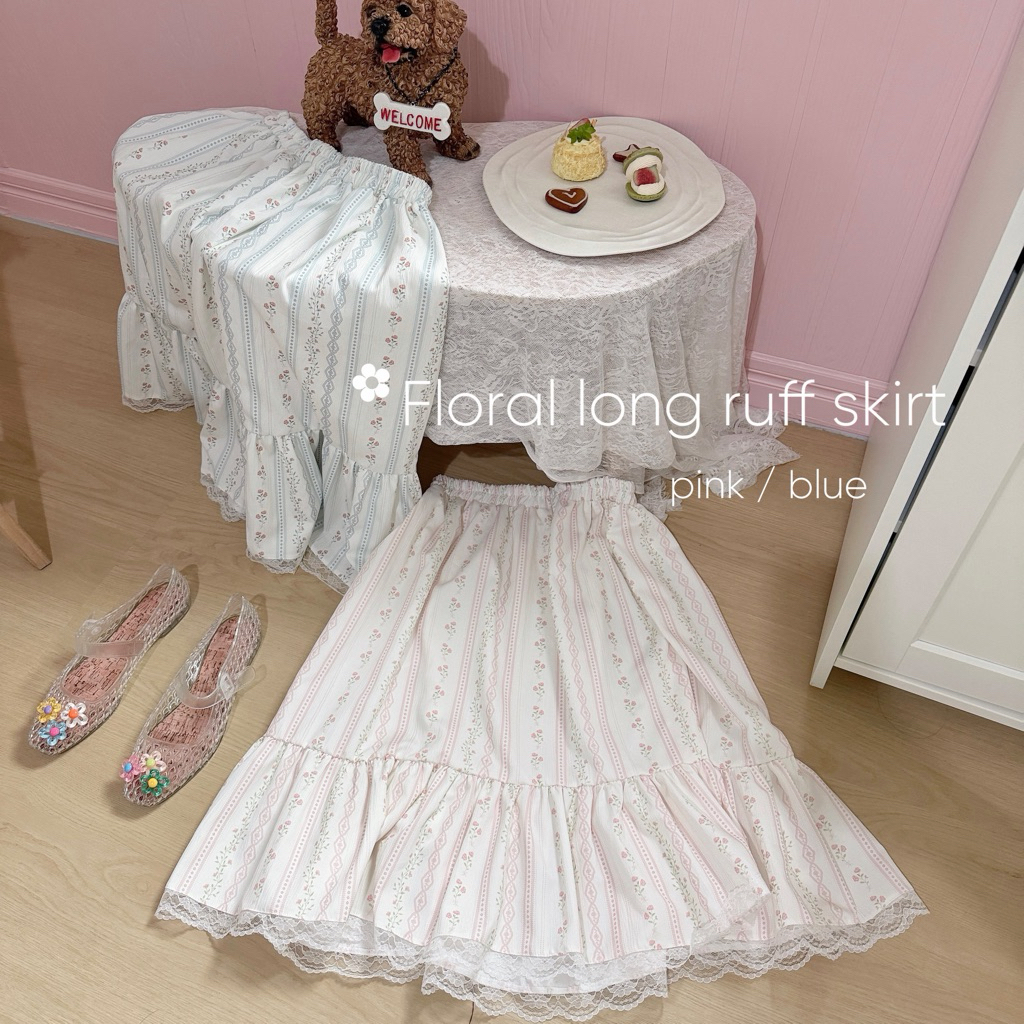Chubbygirlbkk-Floral long ruff skirt˚✿˖°“กระโปรงยาว ผ้าลายดอก สาวอวบ แต่งลูกไม้ ไม่บางใส่สบาย