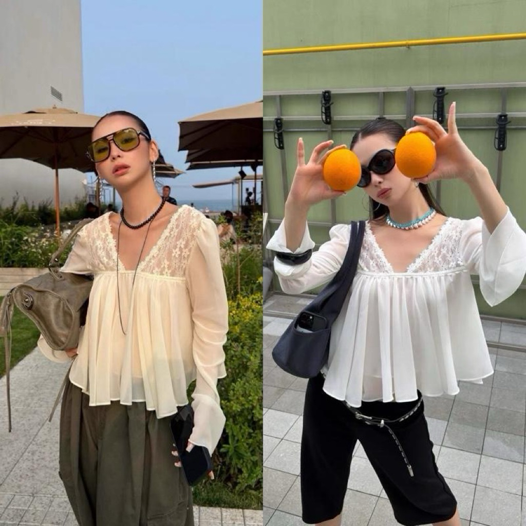 Glamorg1100-เสื้อคอวี(หน้า-หลัง)ลูกไม้ แต่งผ้าชีฟองช่วงตัวและแขน (มีซับใน)