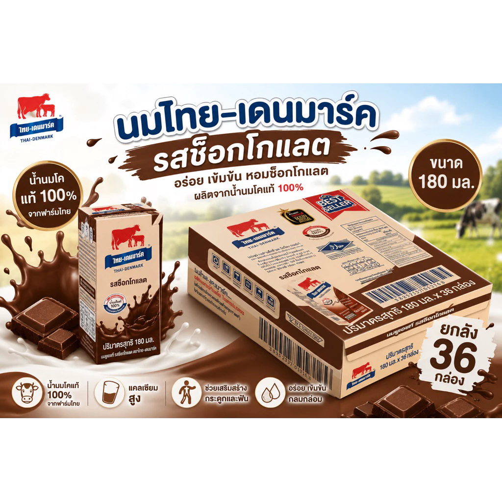 นมวัว ไทยเดนมาร์ค รสช็อคโกแลต ขนาด180 มล จำนวน36 กล่อง