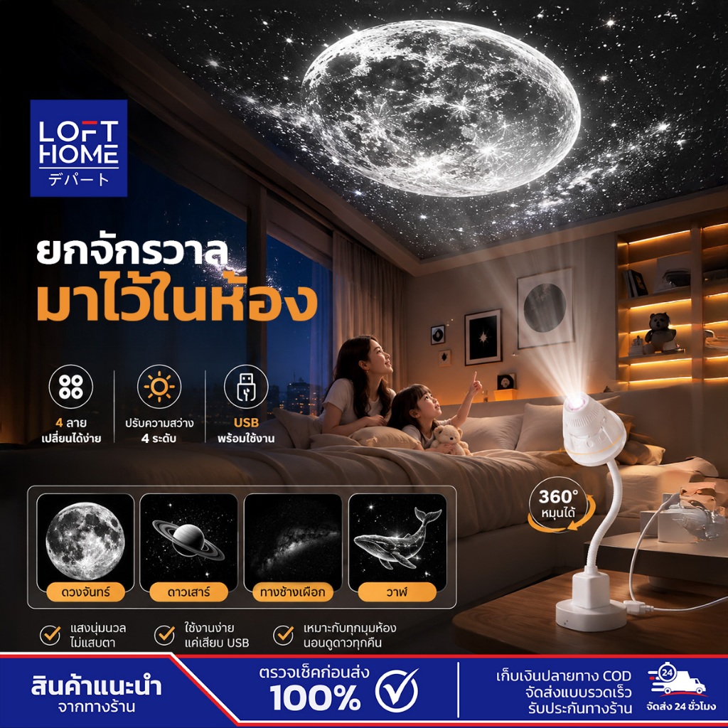LOFTHOME โคมไฟโปรเจกเตอร์ ฉายดาว Dragon Spaceship เปลี่ยนแผ่นฟิล์มได้ 4 ลาย ของตกแต่งบ้าน